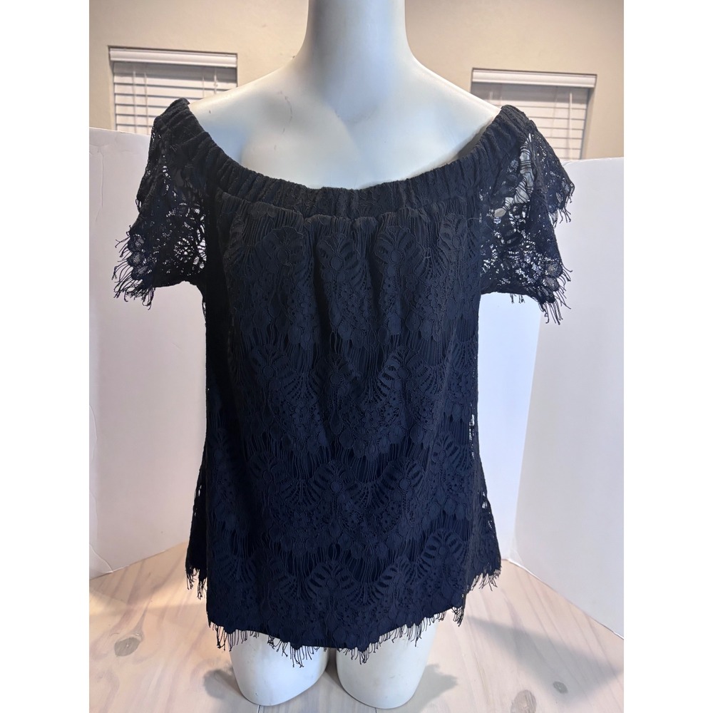 City‎ Chic Black Lace Off Shoulder Top Plus Size XS 14 Short Sleeve Eyelash Hem